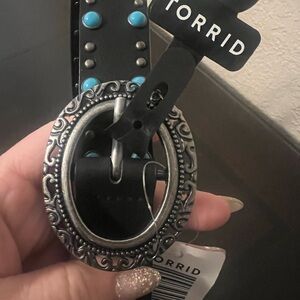 Torrid Black Belt with Ornate Silver Buckle and Turquoise Studs